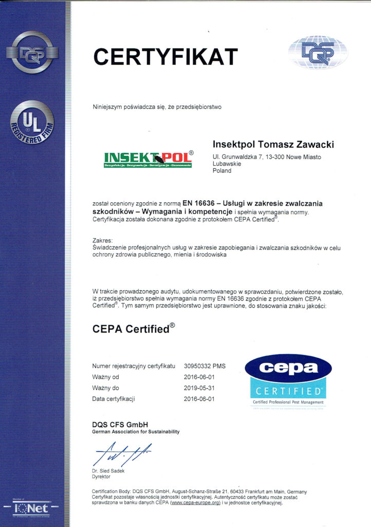 CEPA Certified EN 16636 – Usługi w zakresie zwalczania szkodników