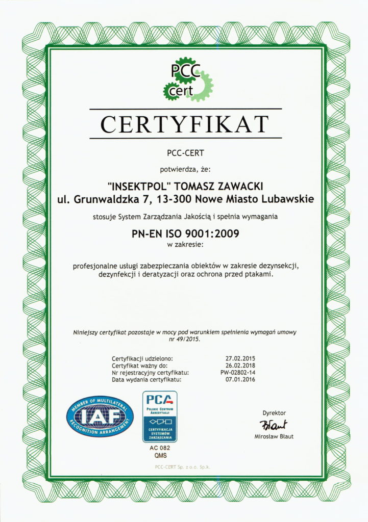 Certyfikat System Zarządzania Jakością PN-EN ISO 9001-2009