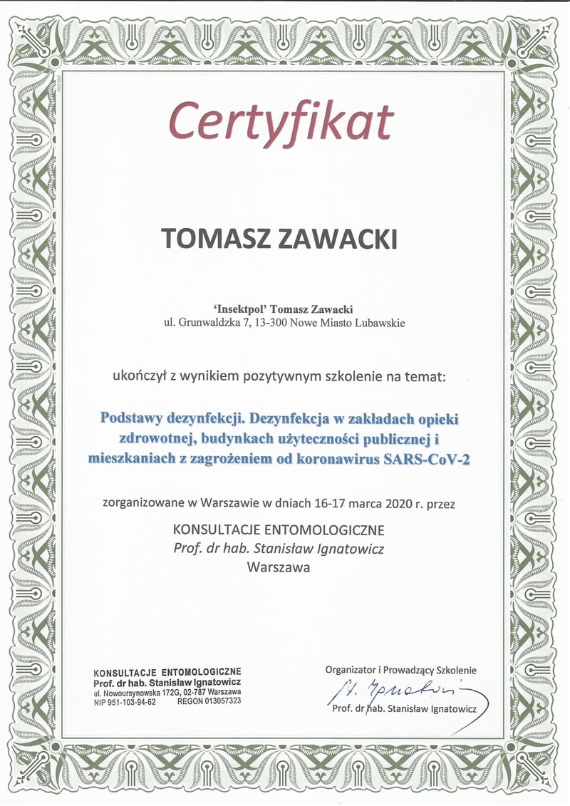 certyfikat dezynfekcja koronawirus